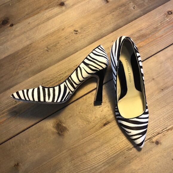Carolina Espinosa Dark Brown and Cream Patent Leather Zebra Heels Size 8.5 - Picture 1 of 13